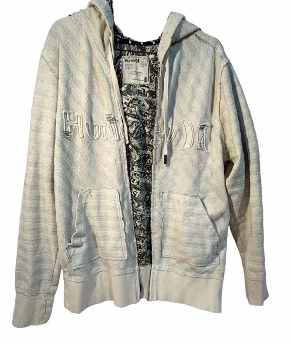 Hurley Zip-Up Hoodie White Distressed Graphics
Size Large